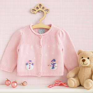 Talbots Kids Vintage 1990s Baby Girls Pink Snowman Winter Cardigan | Size 12M